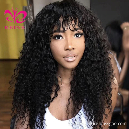 Curly Human Hair Wigs For Black Women Brazilian Remy Hair Fringe  Wig With Bangs Pre Plucked 8"-24"Inches Natural Black